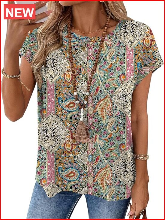 Tops - Short Sleeve Tunic Blouse with Cap Sleeves Crew Neck Casual Top